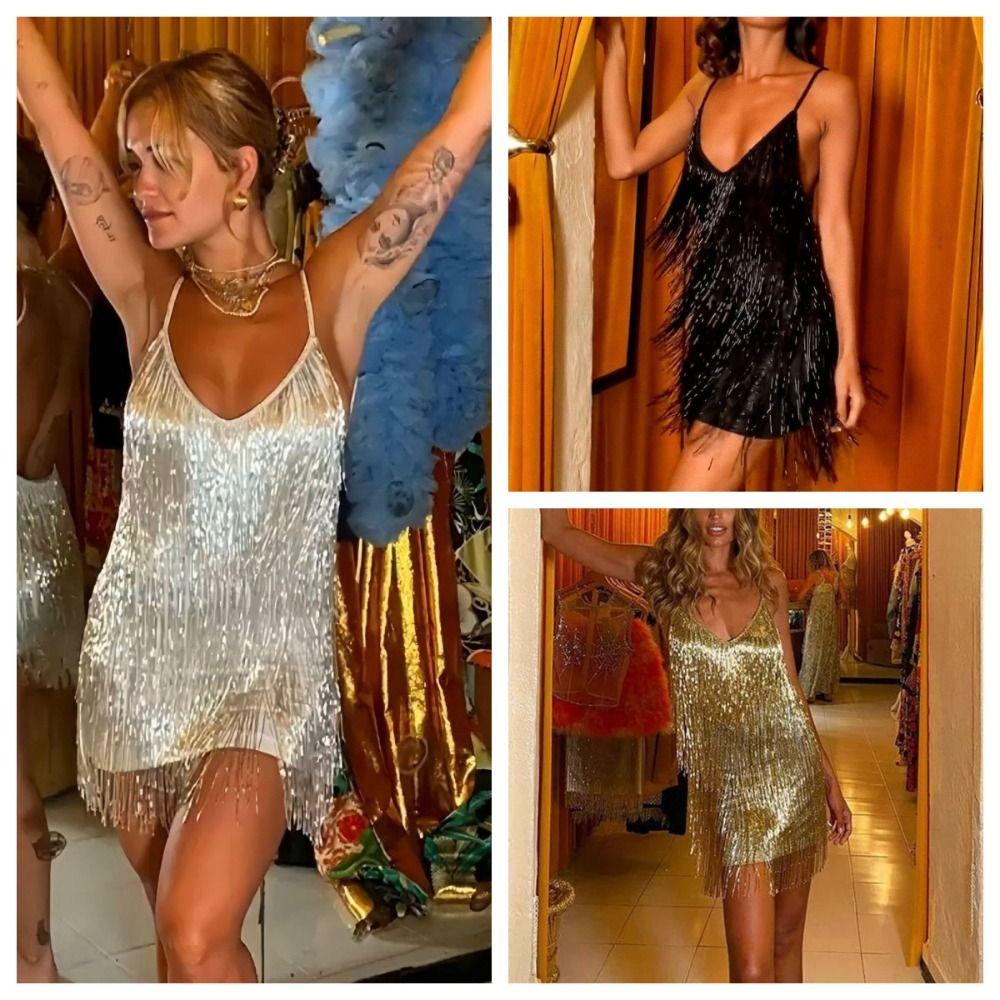 Backless Slim Dress Spaghetti Straps V Neck Dress Simple Tassels Dress  Club