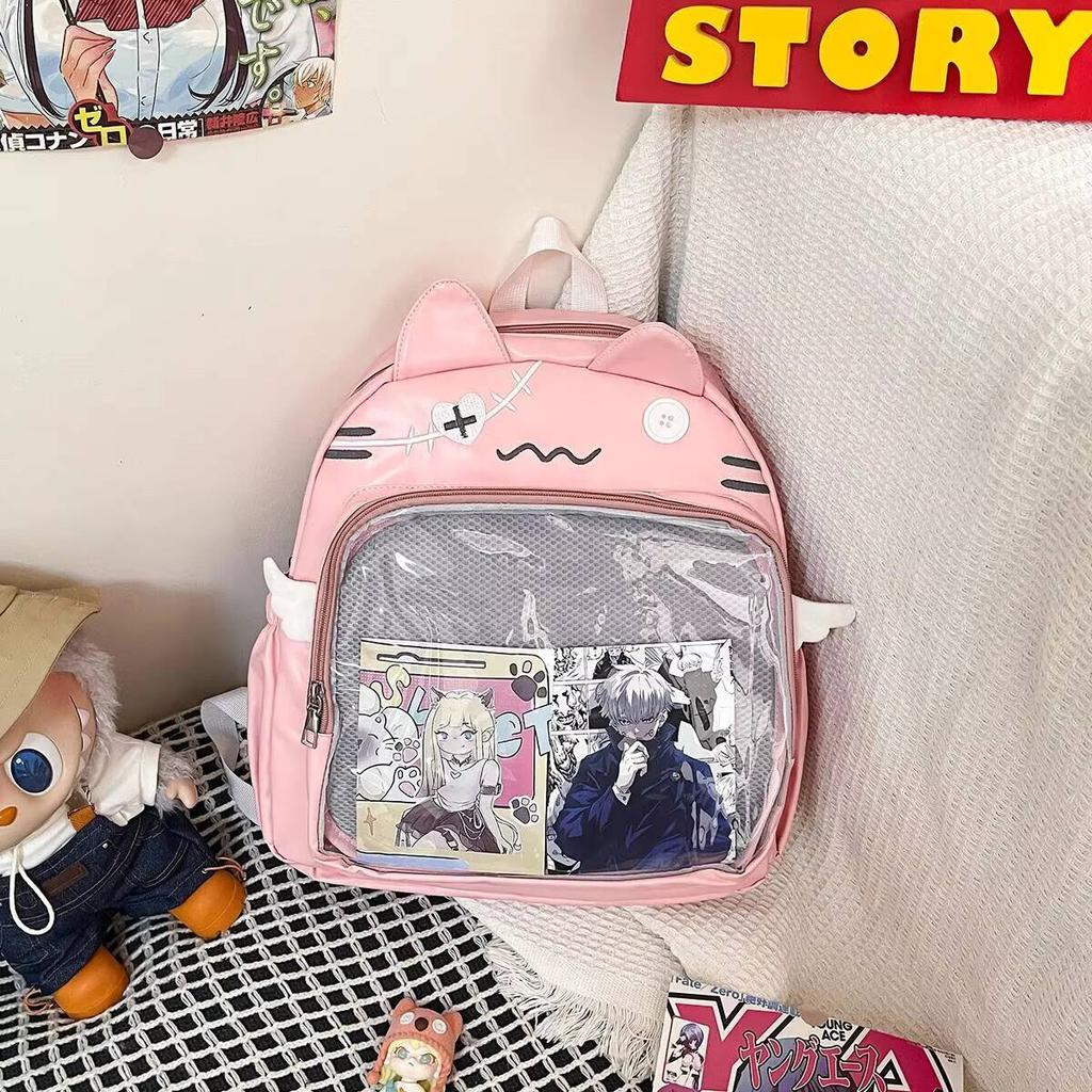 Y2K Emoji Cat Ita Backpack Cute Girls Transparent Rucksack Large Capacity Student DIY Display School Bag Fashion Travel Knapsack