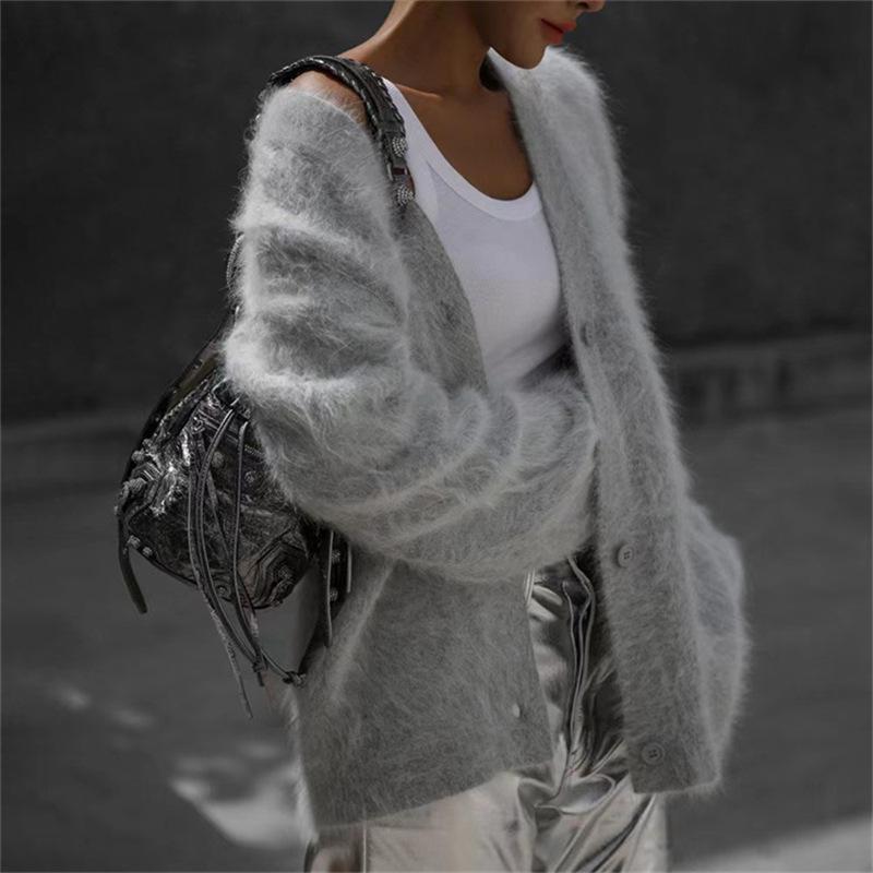 Women's French Retro V-Neck Faux Mink Sweater Coat - Single-Breasted Long Sleeve Loose Knitted Cardigan