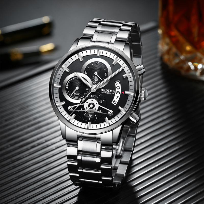 KINGNUOS Herrenuhr mit massivem Stahlarmband, wasserdicht, beschichtetes Glas, leuchtend, drei Augen, 6 Zeiger, Quarzuhr