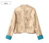 Spring 2025 Women's Slim Fit Colorblock Jacquard Jacket with Chinese Stand Collar & Retro Frog Buttons 