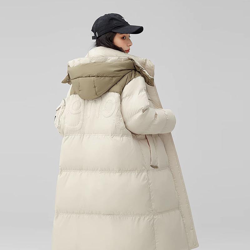Contrast Color White Duck Down Long Down Jacket Women's 2025 Winter New Fashion Loose Warm Cover Men's and Women's Coats Tide