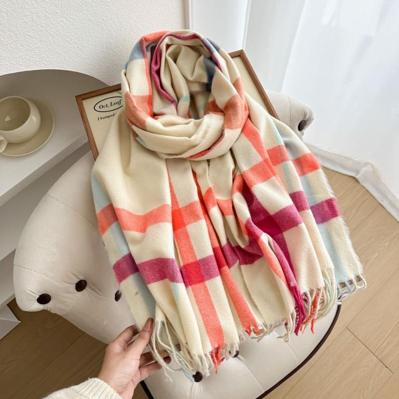 Thickened plaid scarf autumn and winter imitation cashmere women's scarf warm color matching striped tassel send girlfriend shawl