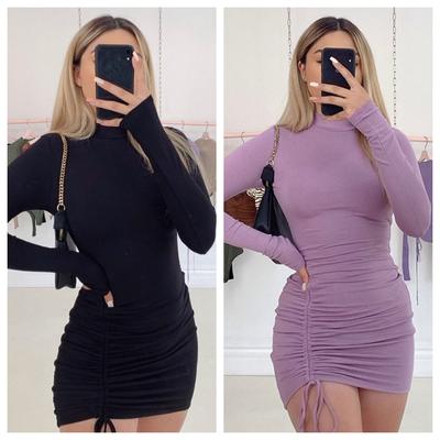 Rochie cu mâneci lungi, cu volan, bodycon pentru femei, cu gât rochit, bandaj, rochii mini, toamnă, neagră, slabă, elastică, rochii de petrecere