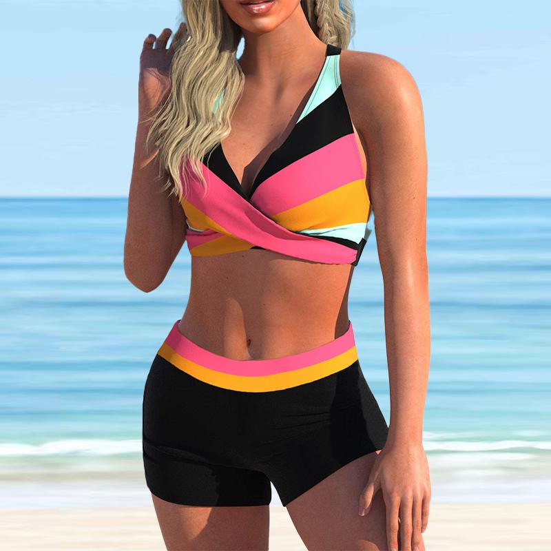 Dámské plavky s popruhem přes rameno Světle modré s přechodem květinovým potiskem Bikini plavky tankiny