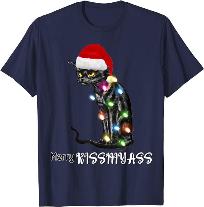 Merry Kissmyass Funny Cat Christmas Lights T-Shirt Xmas Costume Gifts Kitty Lover Graphic Outfits Cute Kitten Saying Tee Y2k Top