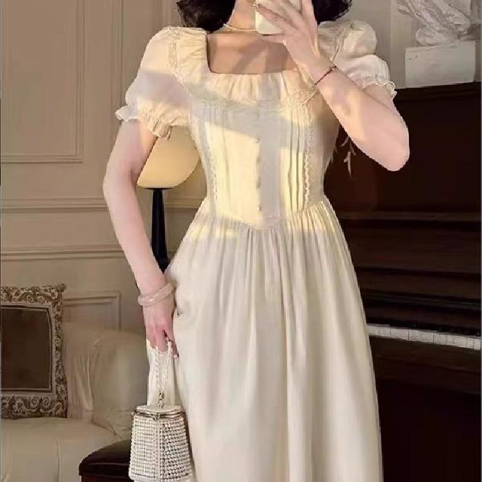 French temperament sweet wind bubble sleeve dress summer new heavy industry waist dress apricot slim fit M