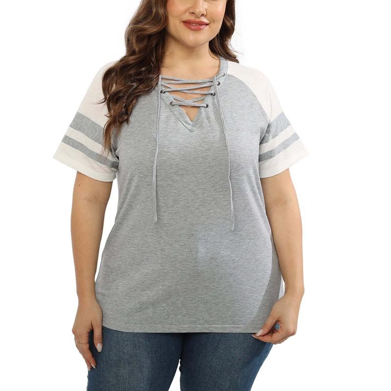 

Женская футболка больших размеров с короткими рукавами и V-образным вырезом в стиле пэчворк 5XL светло-серый