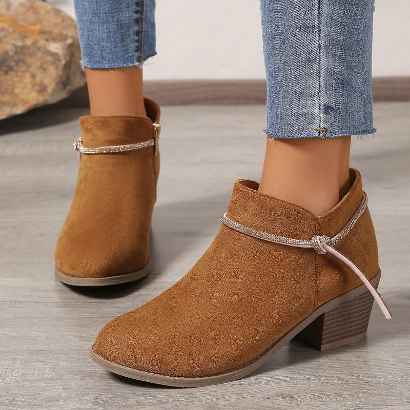 Fashion Women's Chunky Single Boots Autumn New Pointed Head Cattle Suede Side Zipper Rhinestone Anti-slip Wear-resistant Short Boots