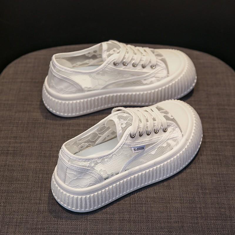 Fashion Women's Shoes 2025 Fashion Summer Casual White Shoes Cutouts Lace Canvas Hollow Breathable Platform Flat Shoes Woman Sneakers