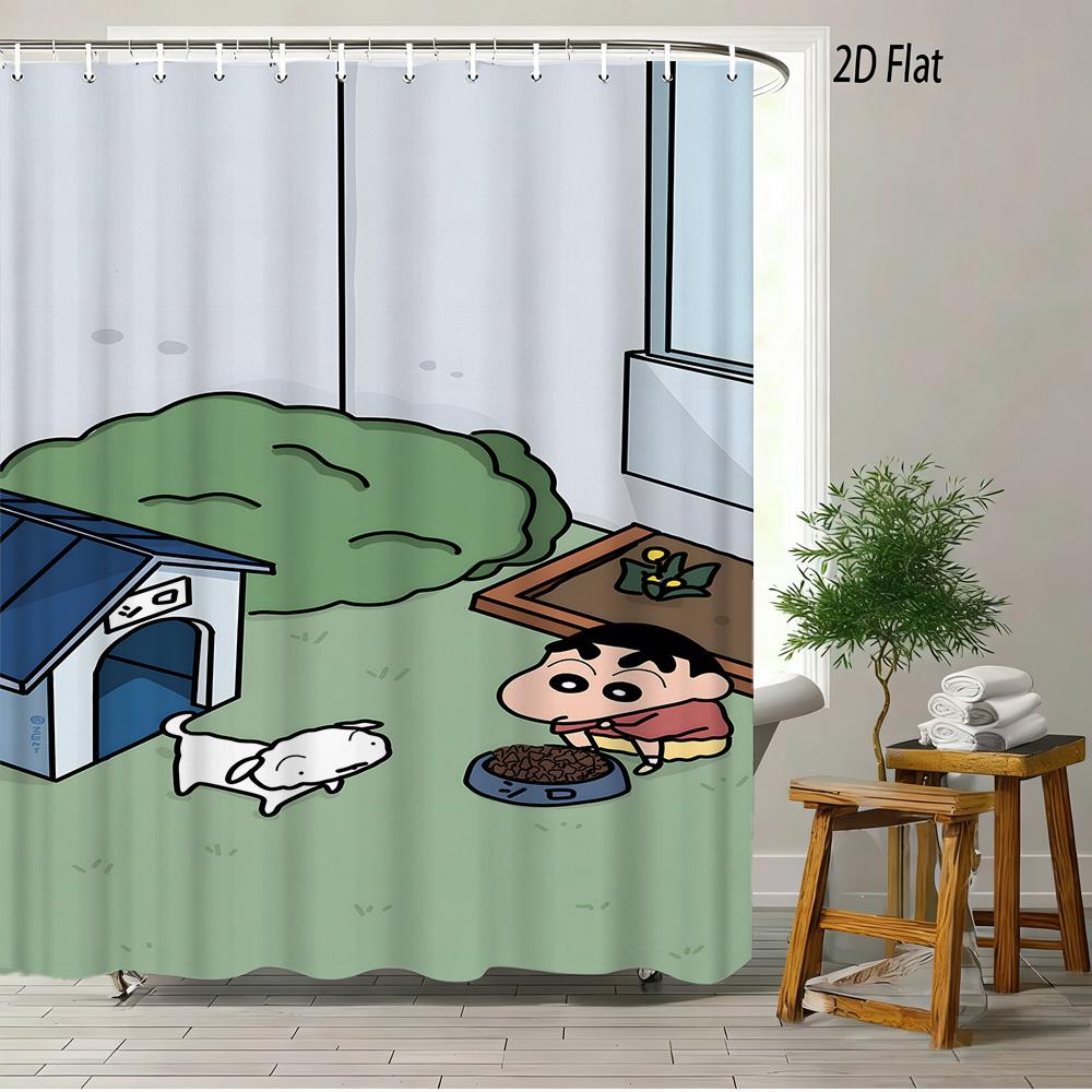 Crayon Shin-Chan & Friends Adventure 2D Print Waterproof Shower Curtain, Anime Bathroom Decor With Hooks