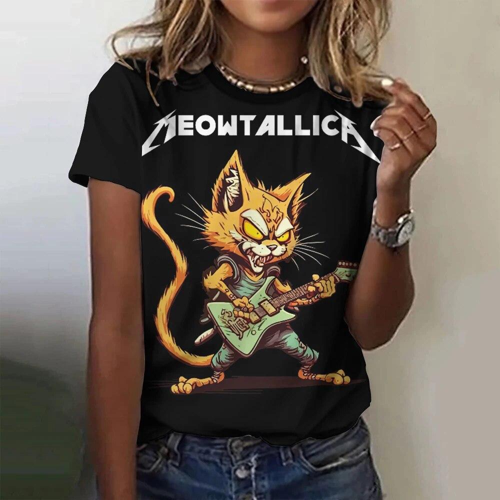 Dámská trička 3D kreslený potisk rockové kočky Hip-hop oversized trička Y2k Dámské oblečení Letní móda Top s rukávy