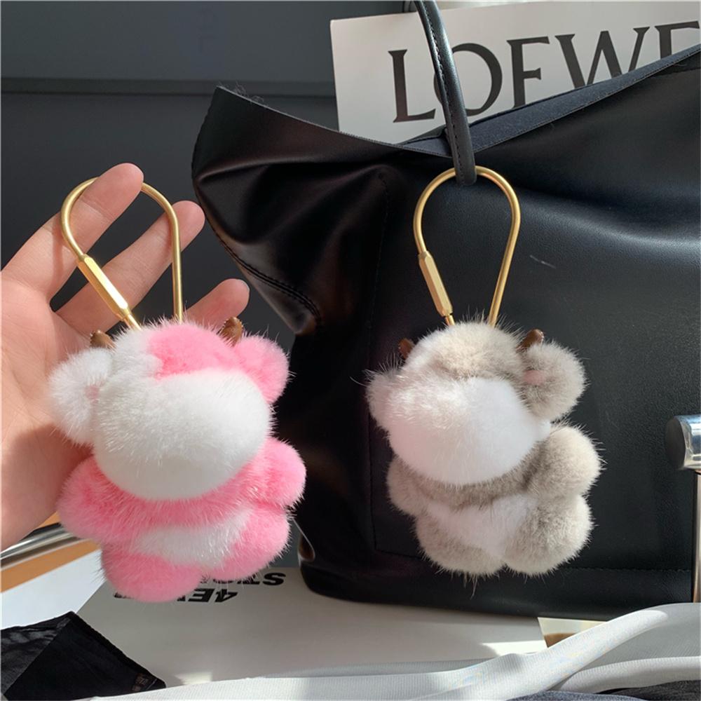 Mink Fur Bear Pendant Keychain For Women Bag Key Chain Pendant Keyrinngs Luxury Decoration Jewelry Bag Hanging Accessories Gifts