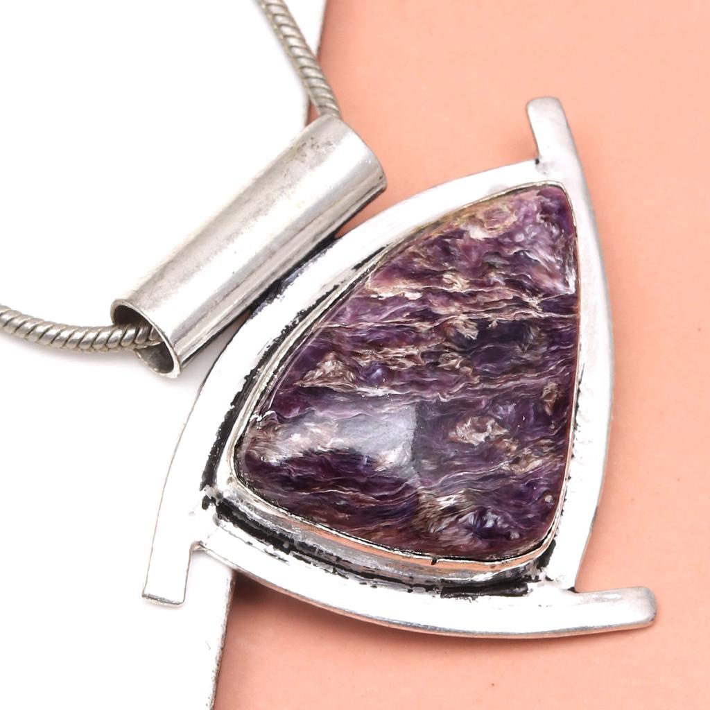 Gemstone Silver Cheroite  Pendant 2.5" Jewelry Russian Tanzanite Ethnic
