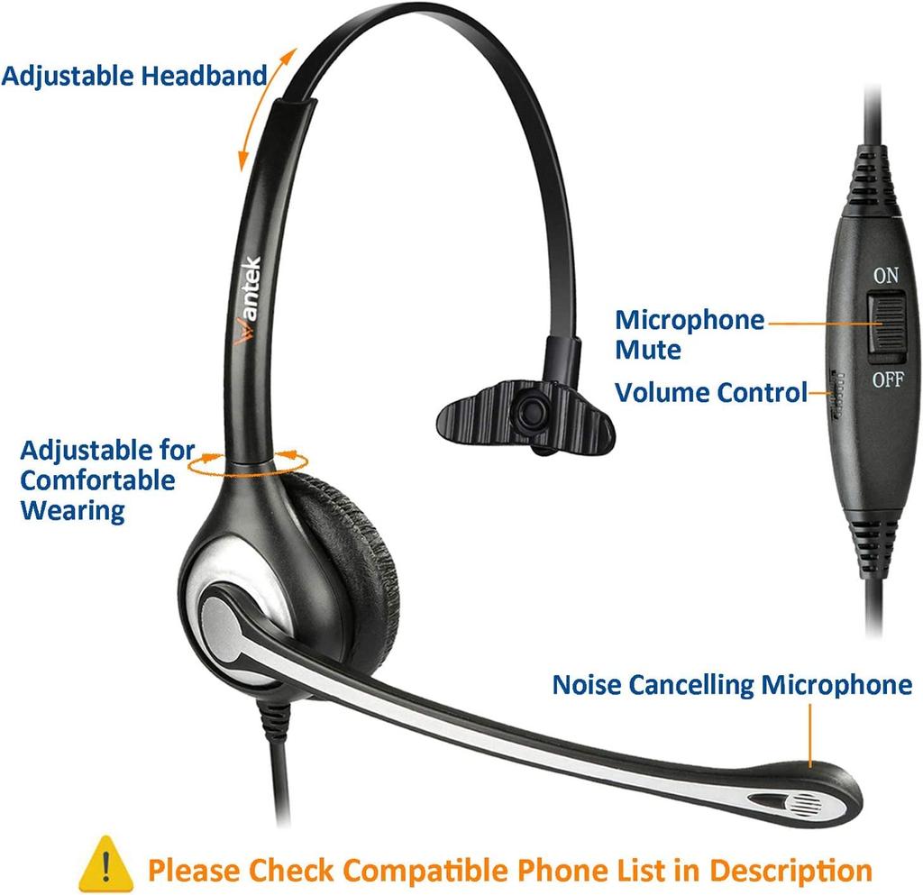 Telephone Headset, Single Ear, Noise-Canceling Microphone, Headphone for Landline Telephones, Wantek RJ9, Call Center Telephone Headset, Compatible Wi