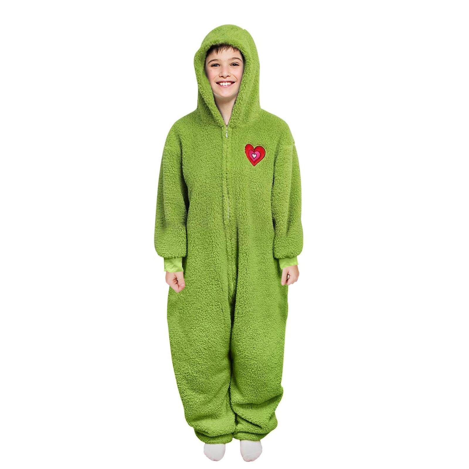 

Boys Girls Christmas Fuzzy Plush Warm Holiday Hooded Union Suit Pajamas Zipper Heart Pattern Xmas Cosplay Costume For Adult boys- XL