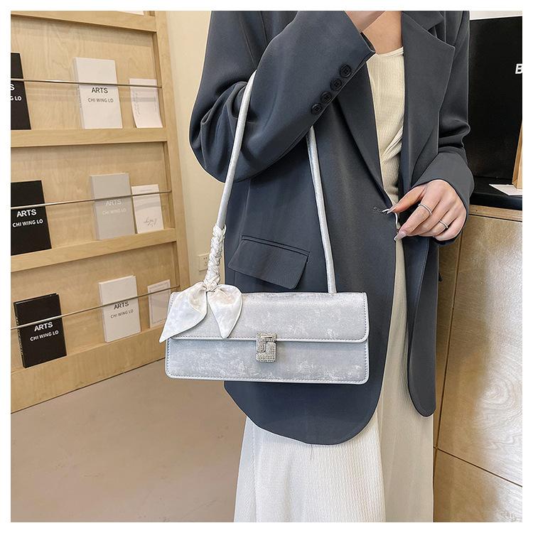 Fashionable Silk Scarf Faux Leather Shoulder Bag Trendy Baguette Square Purse for Women CLE