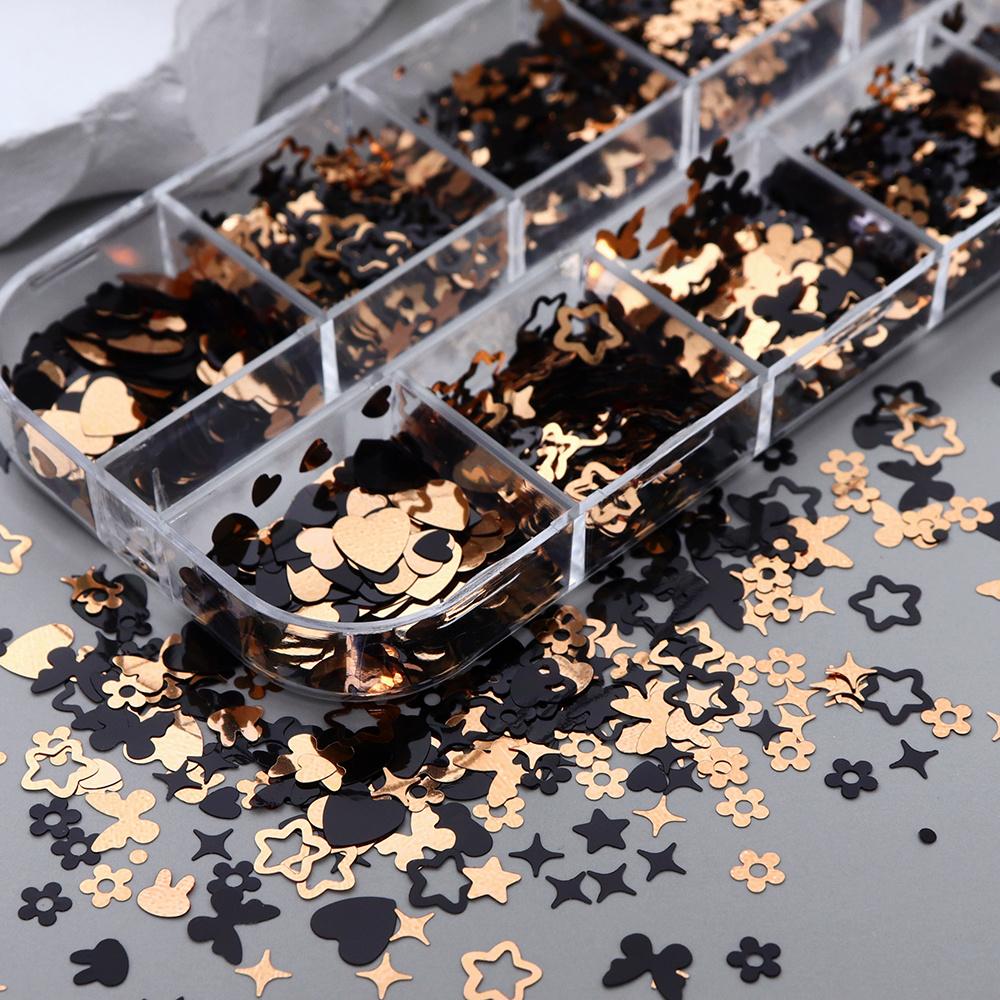Vintage Black Goldenen Glitter Sequins - Butterfly, Bunny, Star, Love Heart Shapes for Resin Art, 3D Design Accessories Epoxy Resin