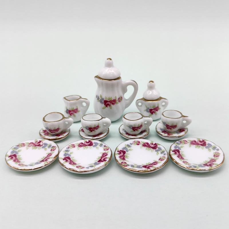 15Pcs Desk Top Mini Doll House Accessories Ceramic 7 Styles China Tea Cup Pocket Tea Set For Dollhouse Decor Kids Pretend Play