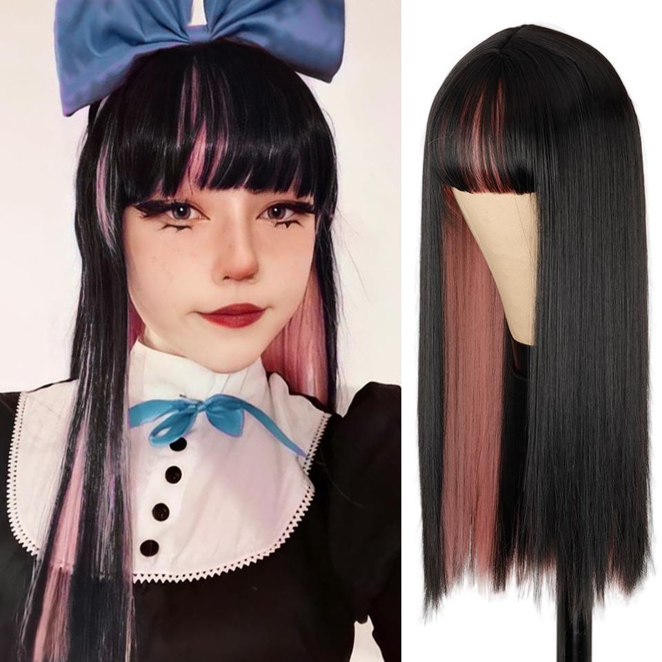 MISS WIG Lang Rett Vinrød Parykk Med Pannelugg Syntetisk Hår Parykker Pannelugg Med Parykk For Kvinner Vinrød Varmebestandige Parykker