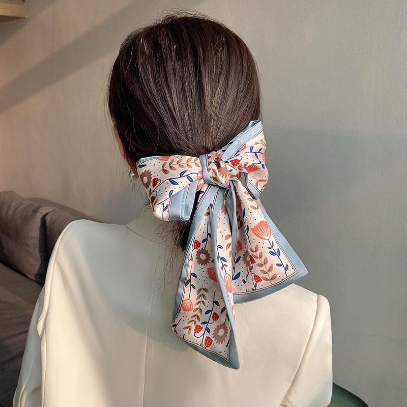 Fashion Printing Silk Hair Scarf for Women Chiffon Long Ribbon Ponytail Ties Headbands