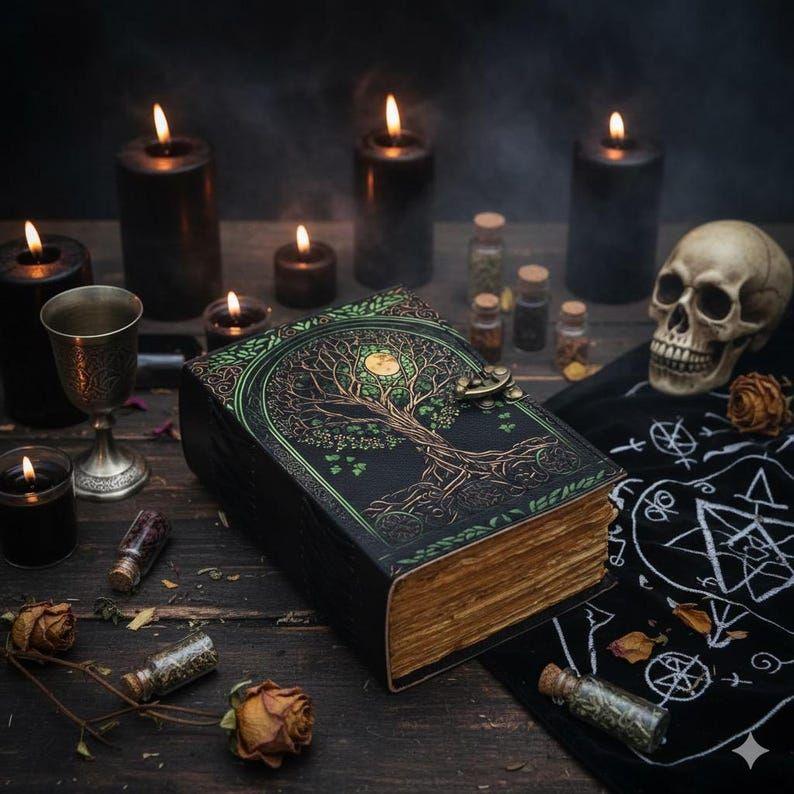 Tree of Life Grimoire – Leather Book of Shadows with Moon Phases | Handmade Witchcraft Spell Book | Celestial Journal for Gifts
