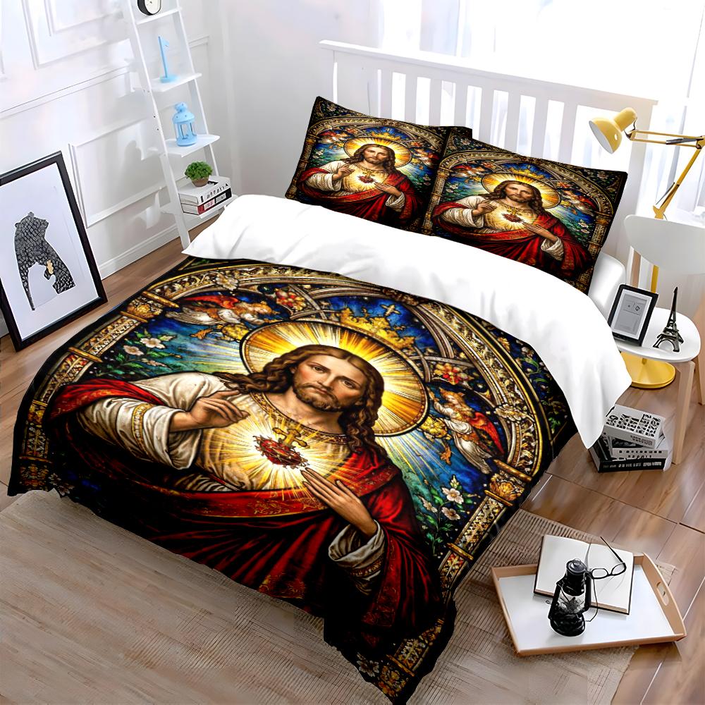 Set Biancheria da Letto Sacro Cuore di Gesù Set Biancheria da Letto con Arte Religiosa (1 copripiumino, 2 federe, piumino non incluso)