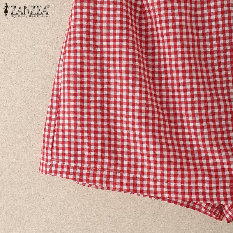 ZANZEA Womens Summer Elastic Waist Casual Grid Print Shorts
