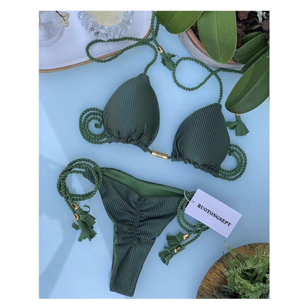 Costum de baie european și american geantă triunghiulară sexy pentru femeie Split Culoare uni Bikini sexy cu frânghie împletită multicoloră