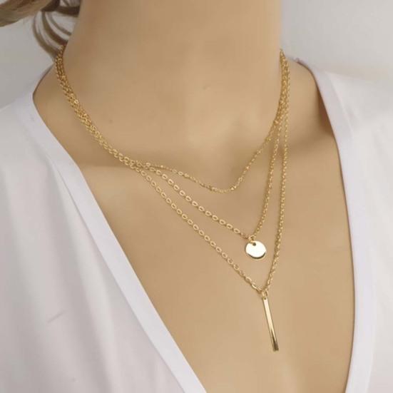 Fashion Women 3 Layer Bar Round Pendant Long Chain Necklace Party Jewelry Gift