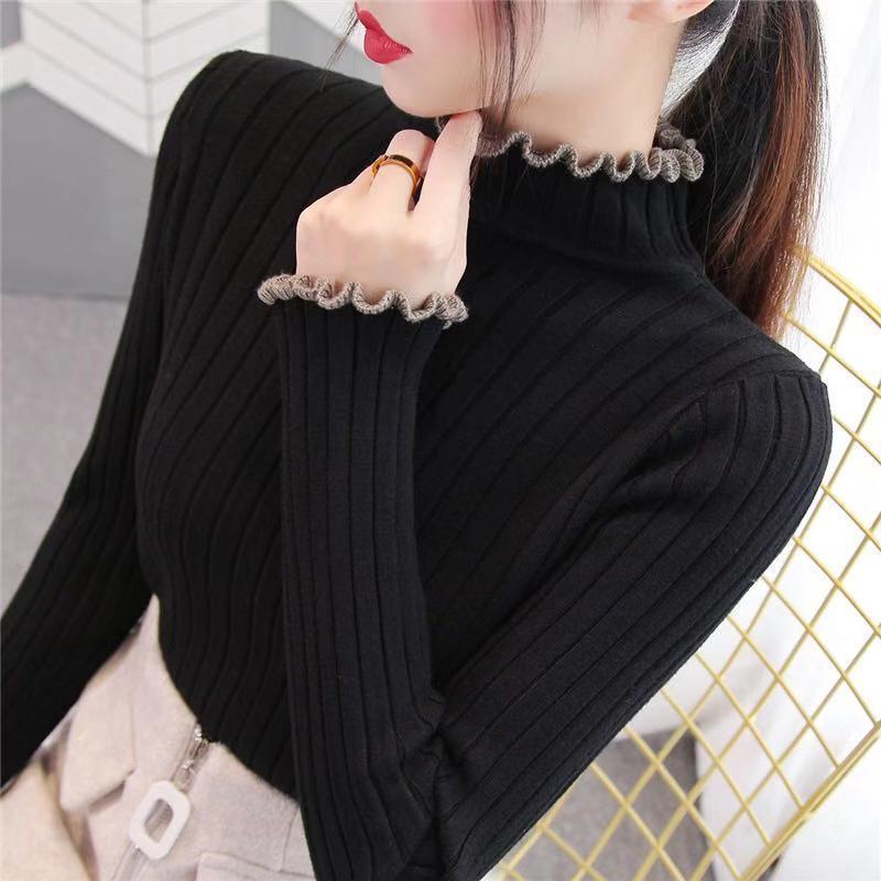 Autumn and Winter New Style Wooden Ear Edge Thickened Half High Collar Sweater Women Pullover Short Slim Knit Bottoming Shirt