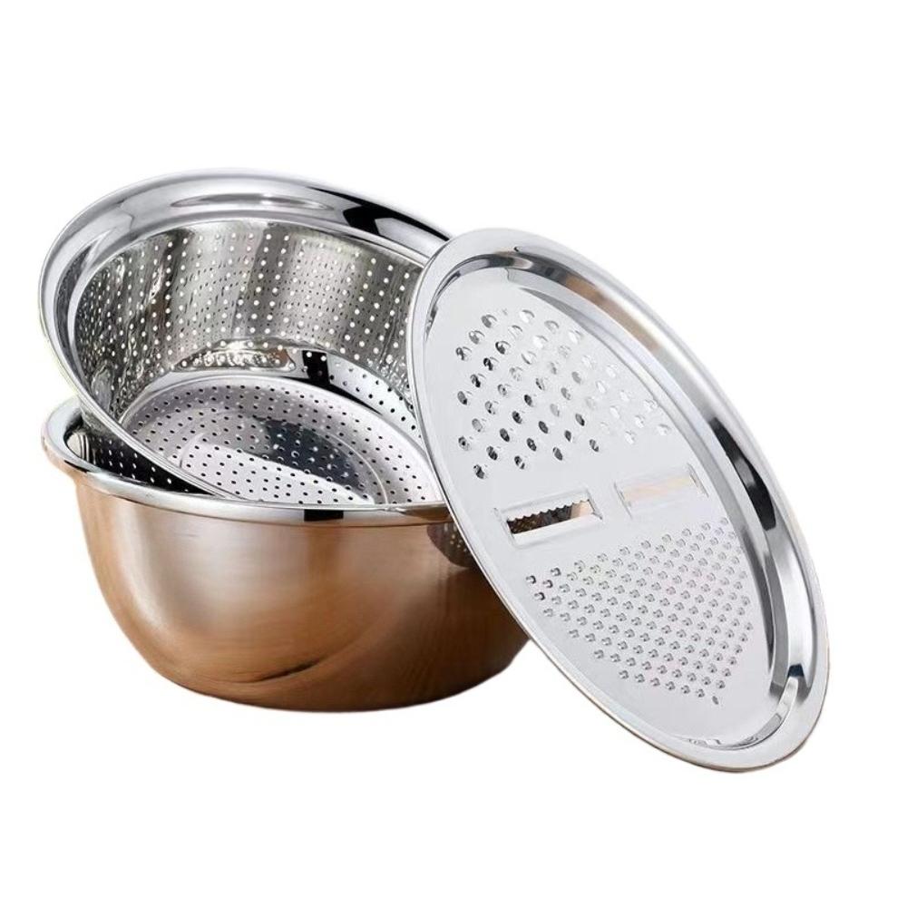 

Stainless Steel Drain Basket Vegetable Cutter Potato Slicer 3 In 1 Kitchen Multipurpose Grater Salad Mixing Bowl Food Strainers