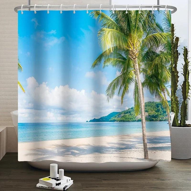 Summer Seaside Shower Curtains Ocean Beach View Coconut Trees Bath Curtain Polyester Fabric Bathroom Restroom Decor With Hooks