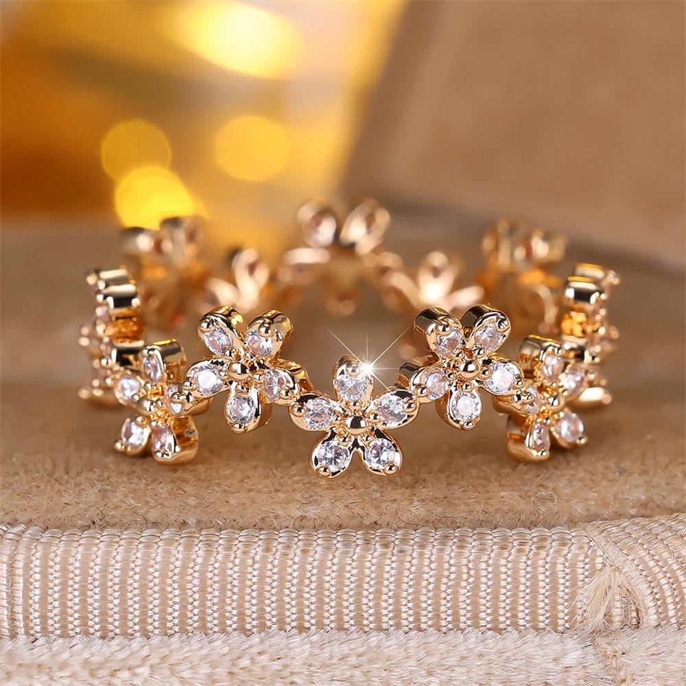 Female Cute Small Flower White Zircon Plumeria Rings For Women Vintage Trendy Gold Color Ring Wedding Jewelry Mother's Day Gifts