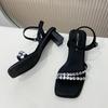 Fashion 2025 New Shiny Crystal Slippers Women's Luxury Rhinestone Mid Heel Sandals  Strange Heel Lace Up Summer