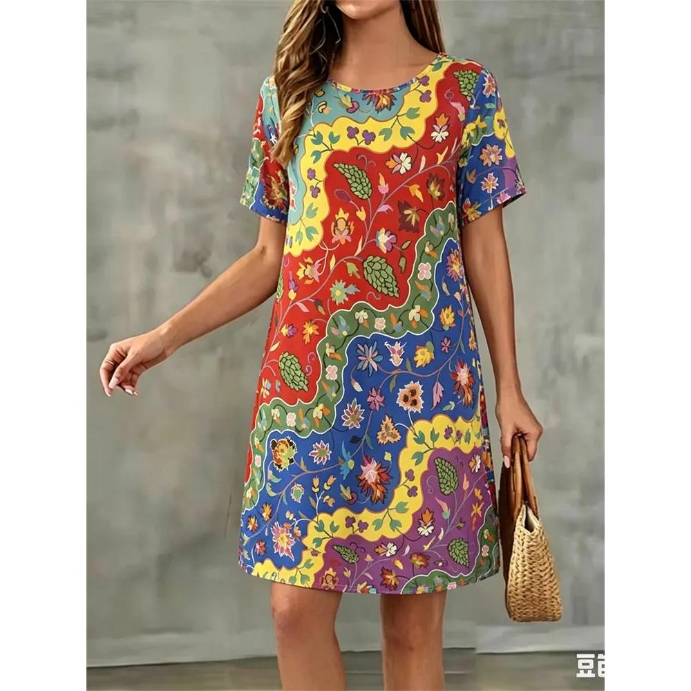 Flower Print Versatile Short-sleeved Dress Comfortable Simple Casual Dresses