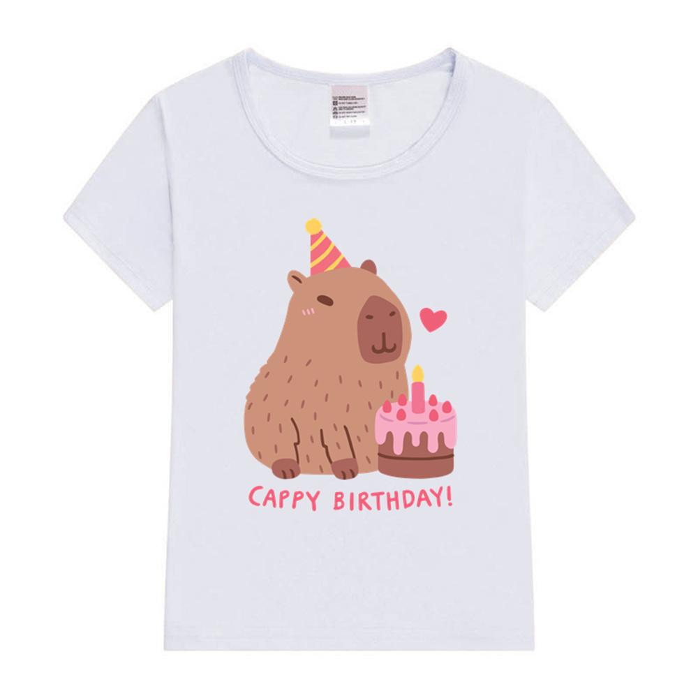 

2025 Милая Капибара и Торт С Днем Рождения Каппи Детская Футболка Принт Одежда для Девочек Детская Футболка Белая С Коротким Рукавом 1-12 Лет 4XL