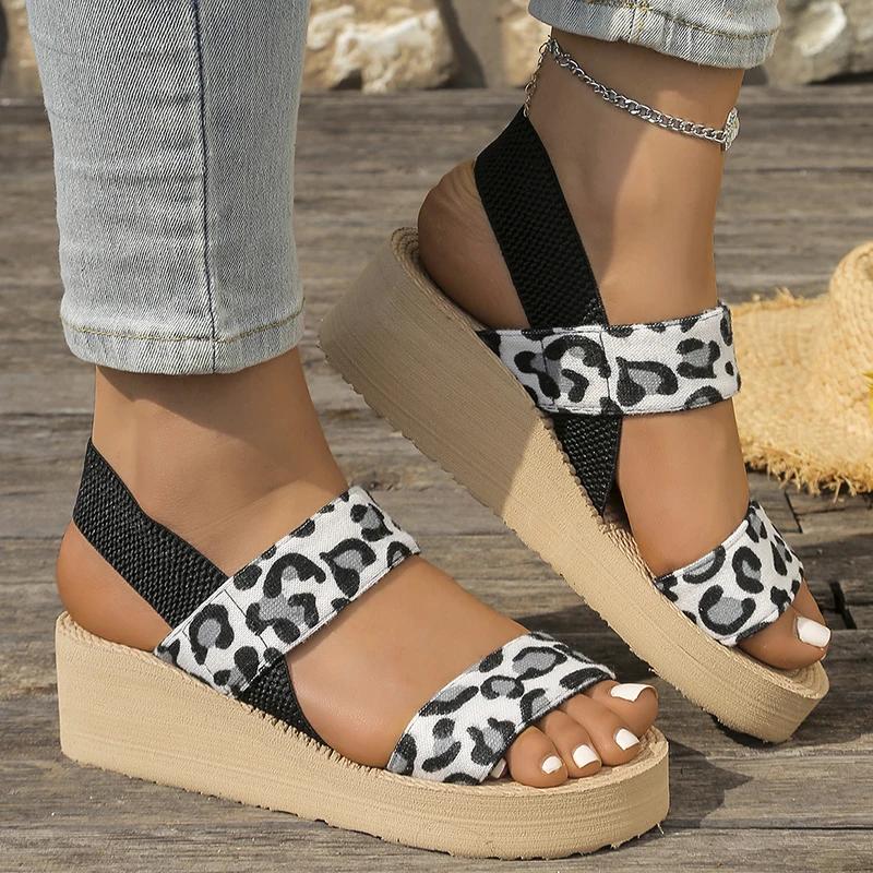 Fashion Fashion Leopard Print Wedge Sandals Women 2025 Summer Comfort Thick Sole Beach Shoes Woman Lightweight Platform Sandalias Mujer