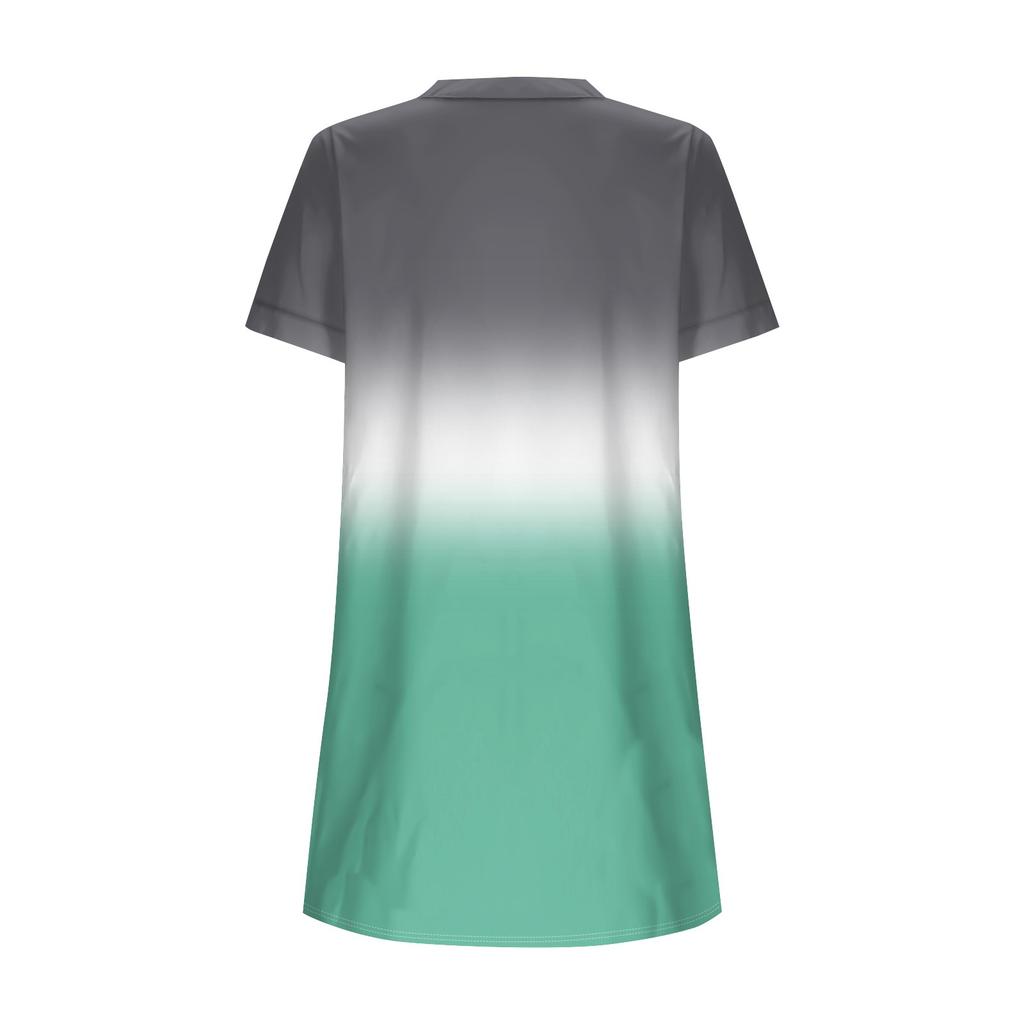 Women Fashion Casual V-neck Short Sleeve Button Gradient Print Dress