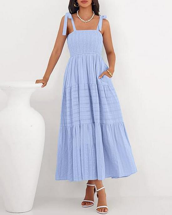2026 European Summer Beach Pleated A-line Strappy Dress with Pockets