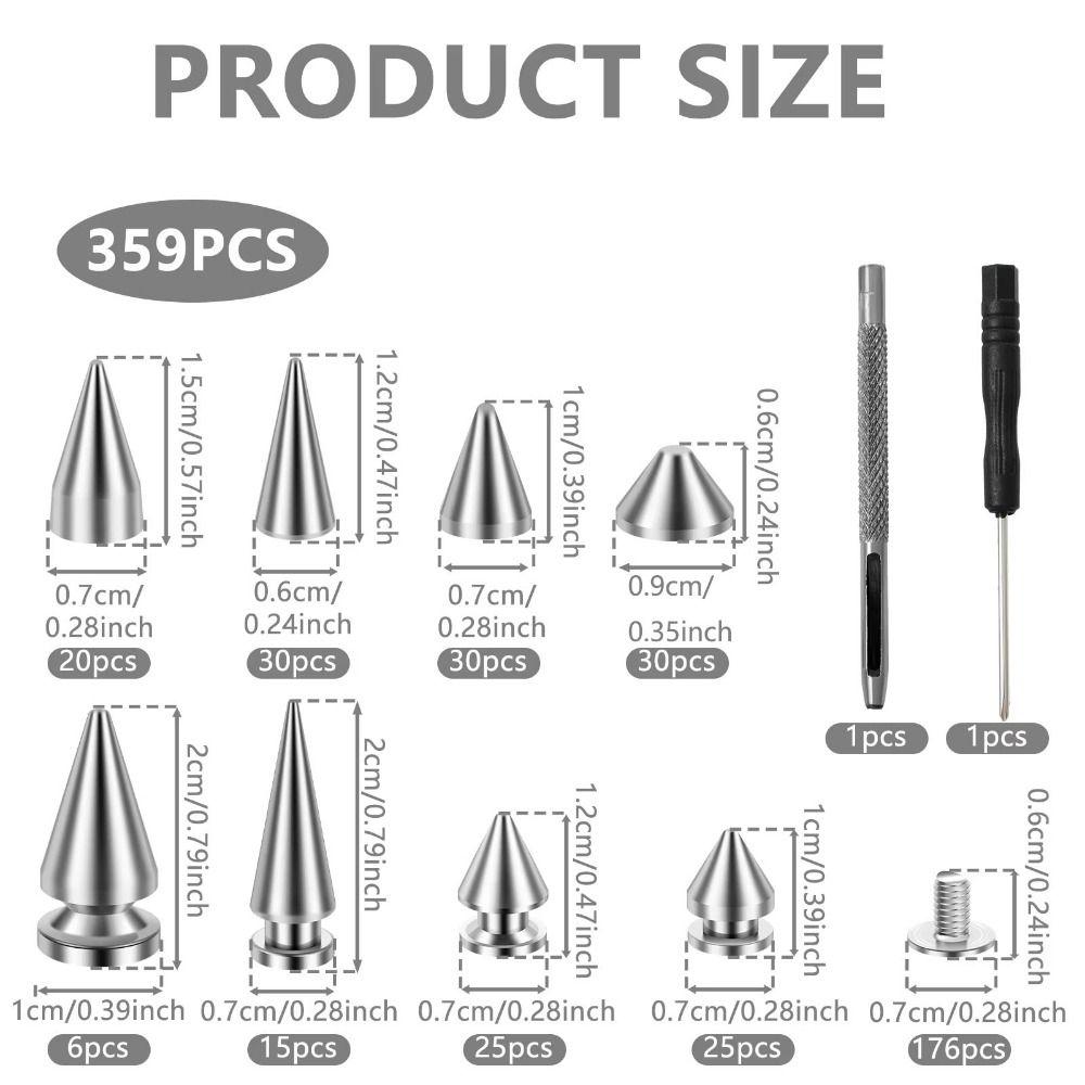 359Pcs Wear-resistant DIY Punk Rivet 8 Sizes Clothing Studs Cone Spikes Kit Leather Accessories