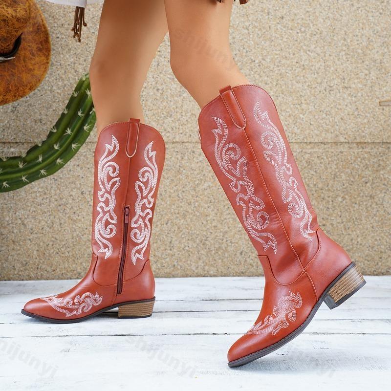 Damen-Cowboy-Stiefel 2026 Herbst Stickerei Klobiger Absatz PU-Leder Knielang Langer Schaftstiefel Spitze Mittlerer Absatz Botas Mujer