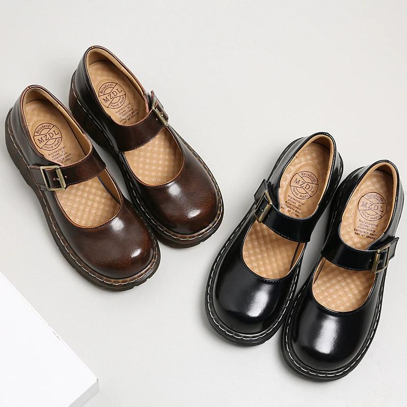 New Arrival styl japoński Vintage klamra buty Mary Janes damskie płytkie usta dorywczo studenckie skórzane buty grube dno