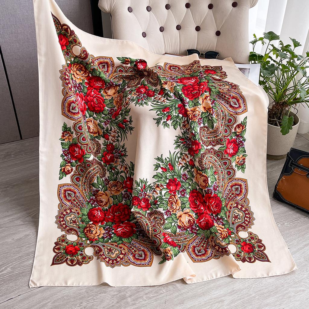 Women Russian Floral Scarf Ethnic Style Square Bandana Head Scarves Ladies Handkerchief Headband Silk Scarf Hair Wraps
