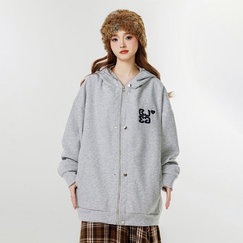 Brand simple hooded sweater cardigan women, spring loose retro coat trend