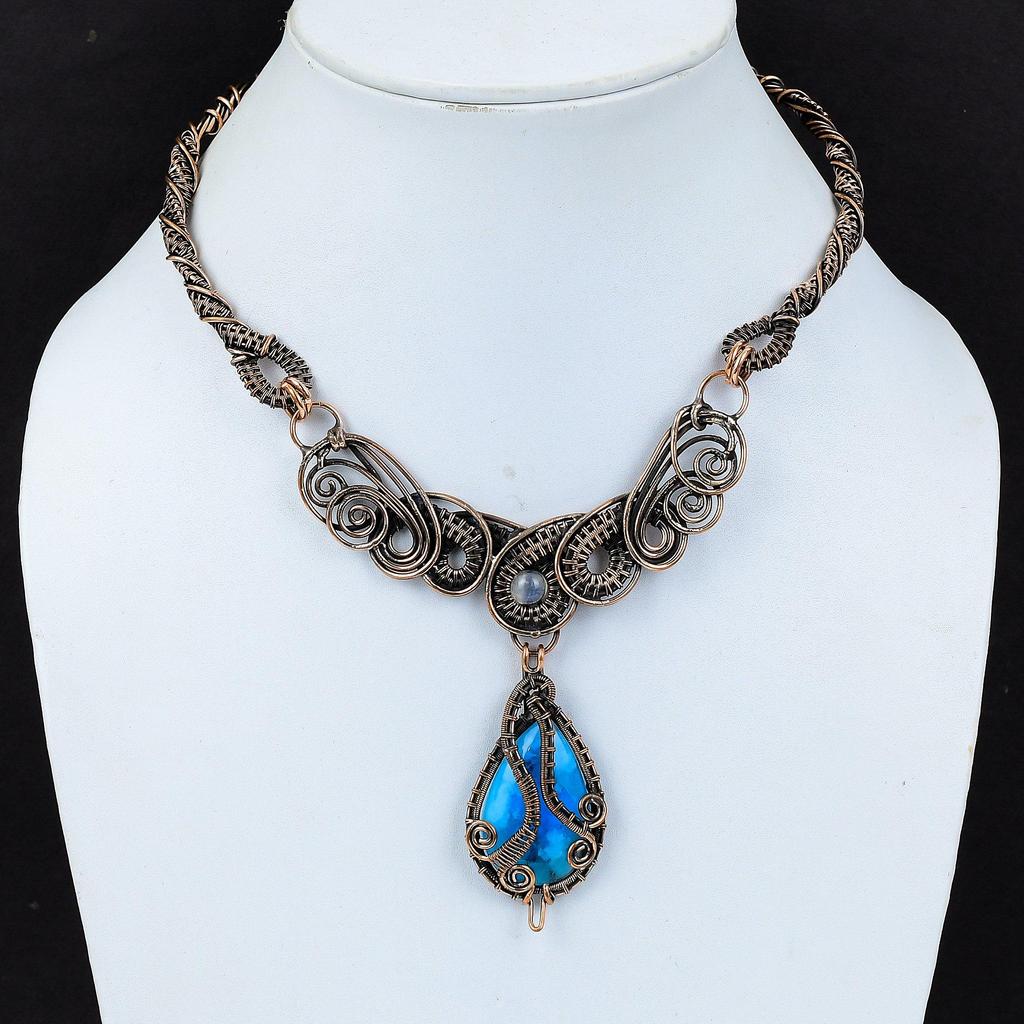 Collier Smithsonite Bijoux enveloppés de fil de cuivre Collier en pierres précieuses véritables Collier en cuivre fait à la main Collier en pierre de lune arc-en-ciel enveloppé de fil de cuivre