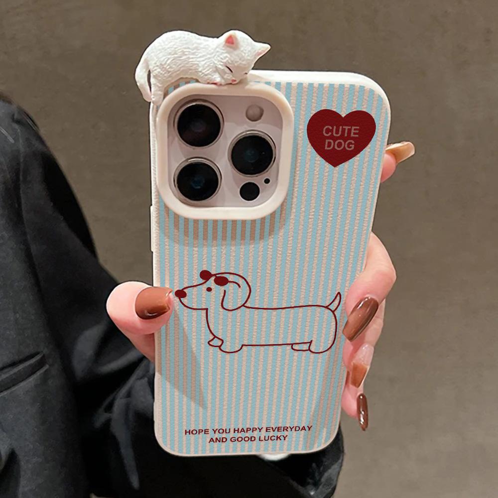 Korean Cute 3D Lying Cat Cartoon Dog Phone Case For iPhone 13 11 16 15 12 14 17 Pro Max 17Air Lichee Pattern Soft Silicone Cover