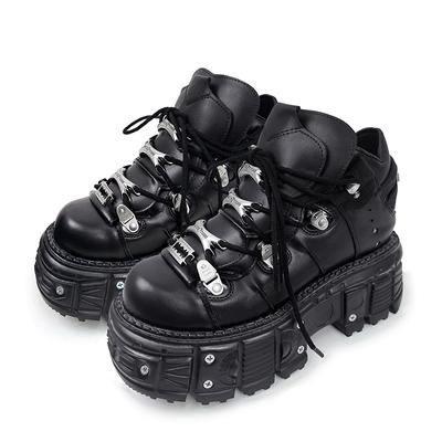 Nové Dámské boty Punkový styl Šněrovací Výška podpatku 6CM Platformové boty Žena Gotické Kotníkové Rockové boty Kovové zdobení Žena Tenisky
