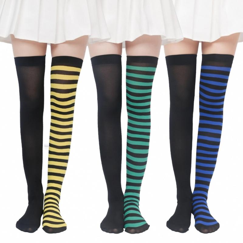 Women Girls Halloween Christmas Over Knee Long Socks Holiday Party Asymmetrical Colorblock Striped Thigh High Stockings