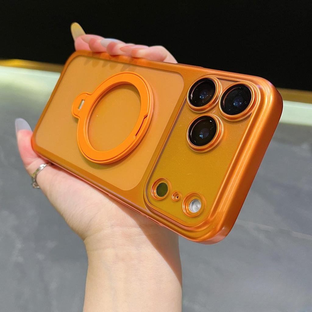 Frosted Electroplated Magnetic Phone Case with Rotating Stand & Lens Protector for iPhone 17 Pro Max